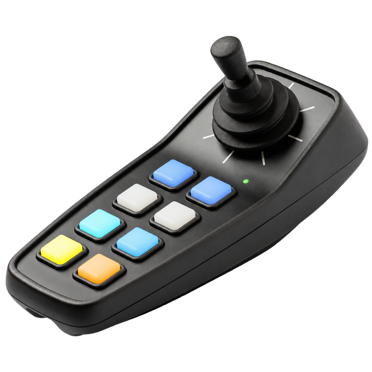 CMPSR joystick music controller with eight coloured buttons.