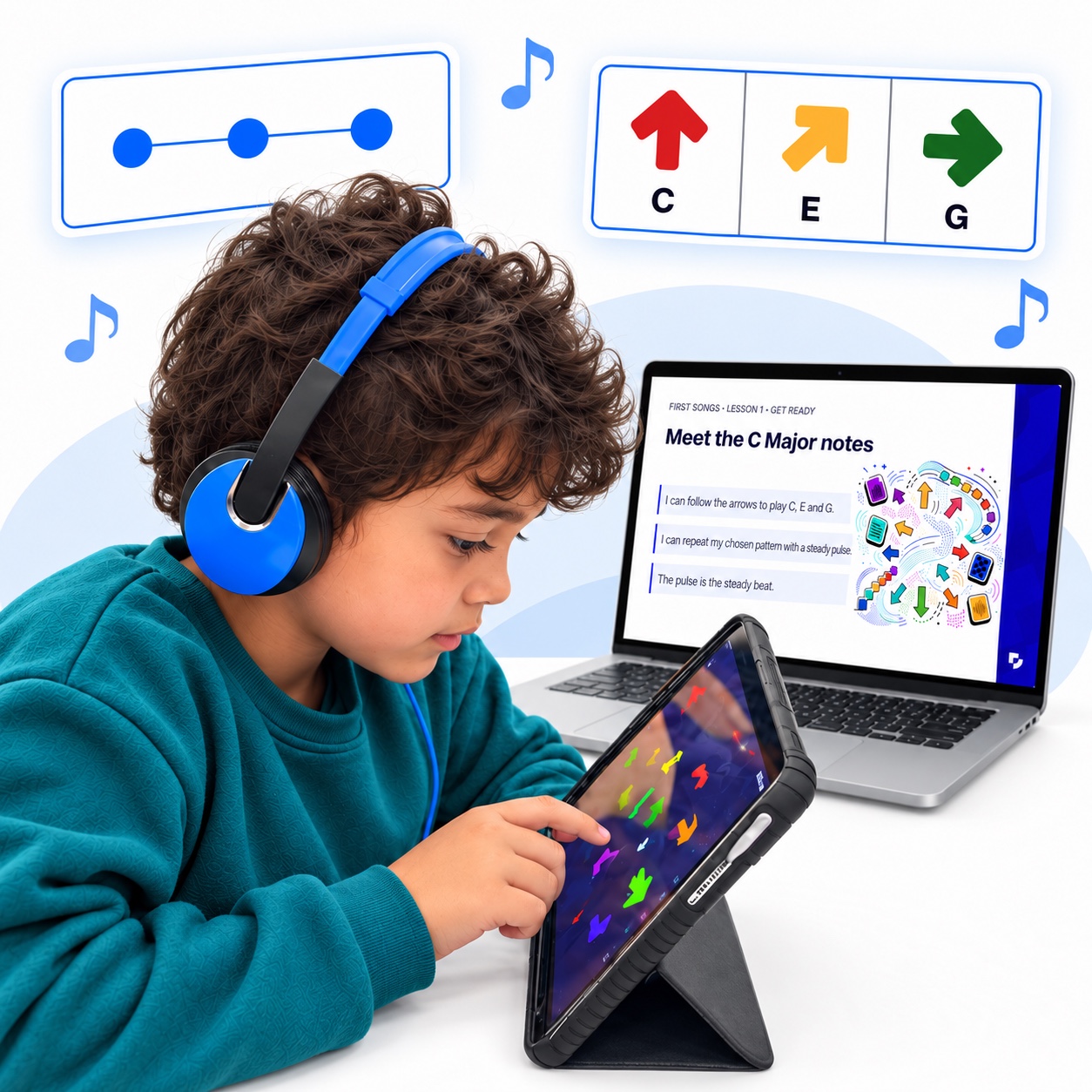 Learner playing Swipe beside the Meet the C Major Notes lesson, with C, E and G Arrownotes and a steady-pulse cue.