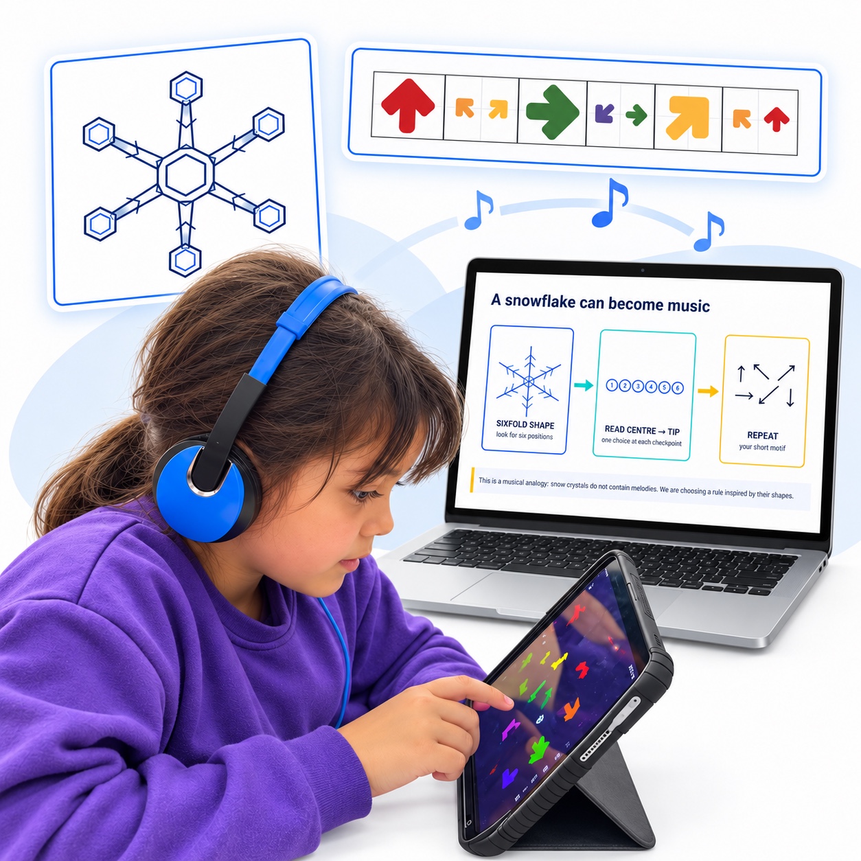 Learner in a purple jumper playing Swipe on a tablet, with snowflake activity guidance on a laptop and an Arrownotes pattern above.