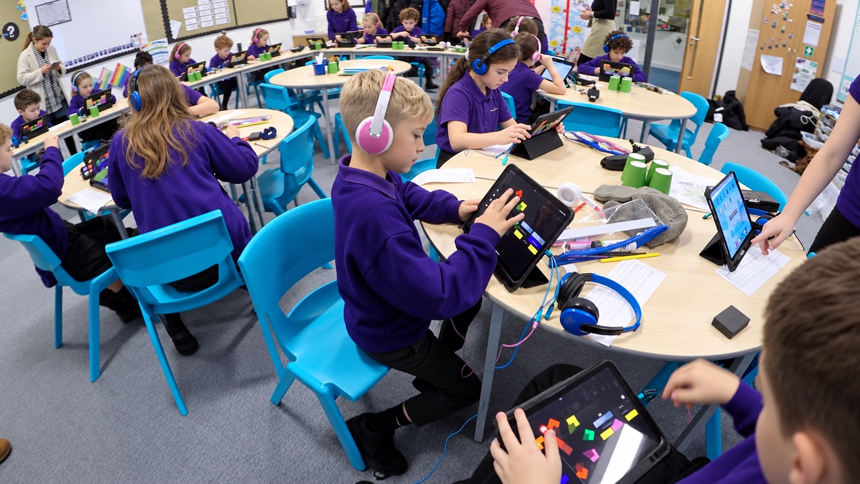 Pupils wearing headphones make music together using Swipe on tablets in a classroom.